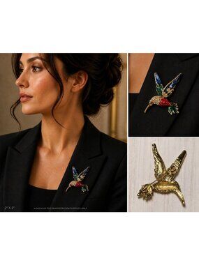 Vintage 90s Rhinestone & Enamel Fluttering Hummingbird 2" Brooch